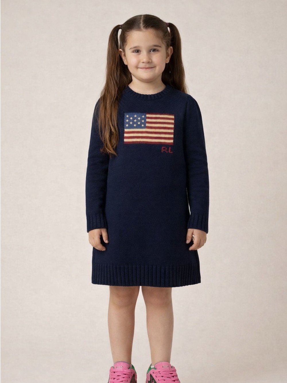 Polo Ralph Lauren girls navy flag sweater dress, size Medium (8–10)